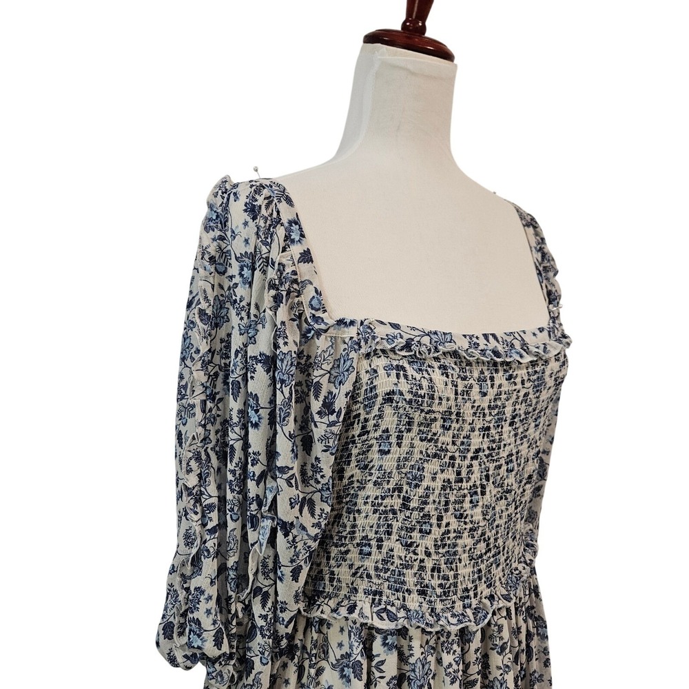 Super Natural Puff Sleeve Mini Dress L Blue Floral Smocked Peasant Cottage - Picture 7 of 15